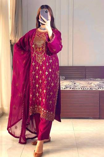 Rani pink faux georgette embroidered trouser set