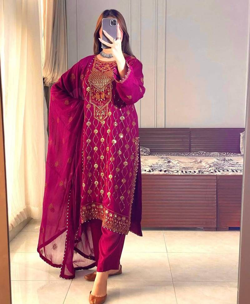 Rani pink faux georgette embroidered trouser set