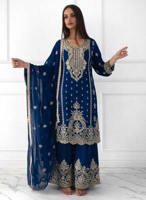 Navy blue silk blend embroidered sharara set 1
