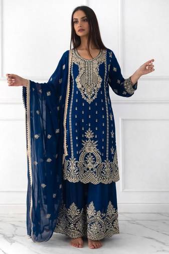 Navy blue silk blend embroidered sharara set
