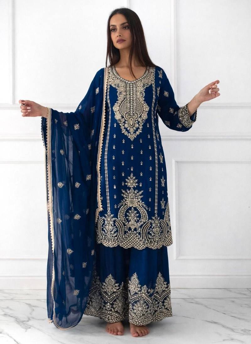 Navy blue silk blend embroidered sharara set