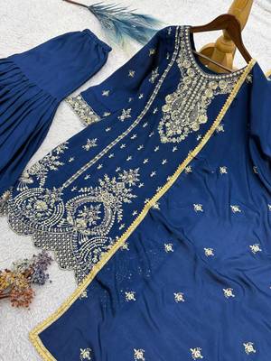Navy blue silk blend embroidered sharara set 2