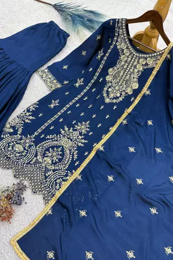 Navy blue silk blend embroidered sharara set