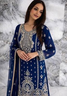 Navy blue silk blend embroidered sharara set 4