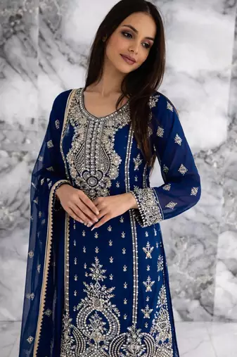 Navy blue silk blend embroidered sharara set