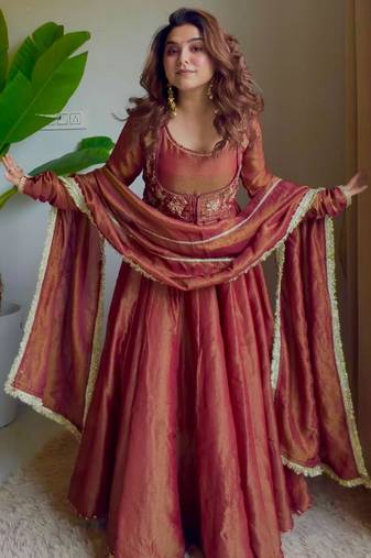 Dark champagne silk blend embroidered anarkali set