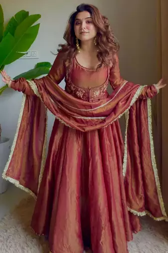 Dark champagne silk blend embroidered anarkali set