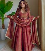 Dark champagne silk blend embroidered anarkali set