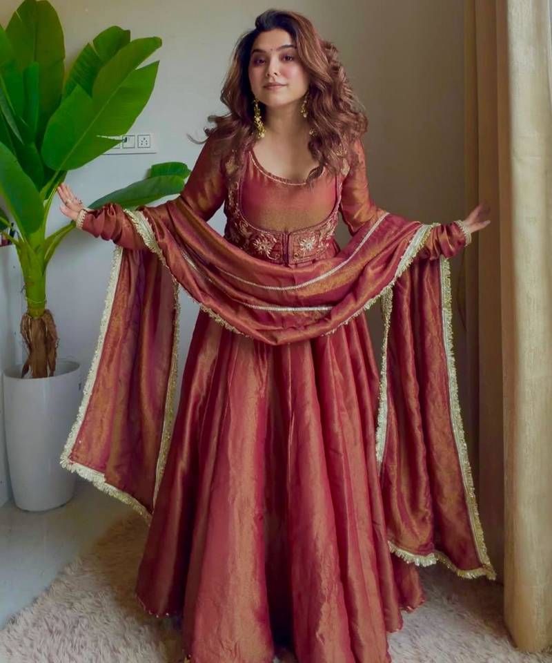 Dark champagne silk blend embroidered anarkali set