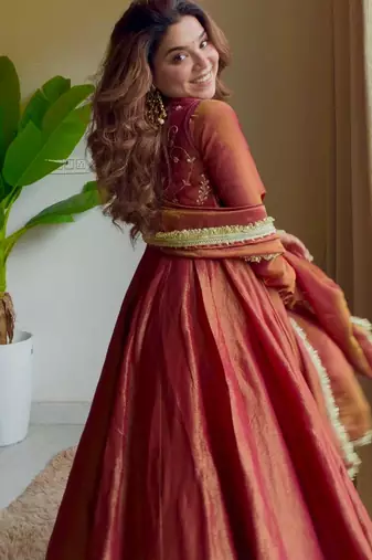 Dark champagne silk blend embroidered anarkali set