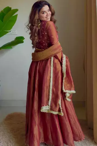 Dark champagne silk blend embroidered anarkali set