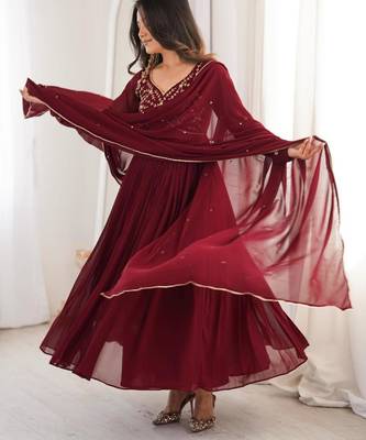Maroon faux georgette hand embroidery gown set 2