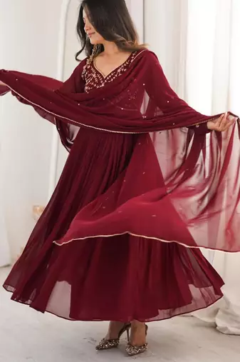 Maroon faux georgette hand embroidery gown set
