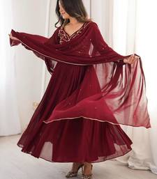 Maroon faux georgette hand embroidery gown set