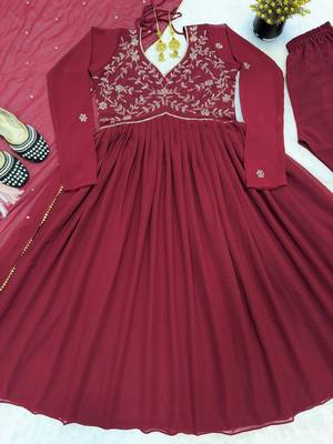 Maroon faux georgette hand embroidery gown set 3