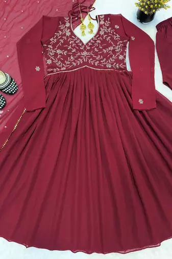 Maroon faux georgette hand embroidery gown set