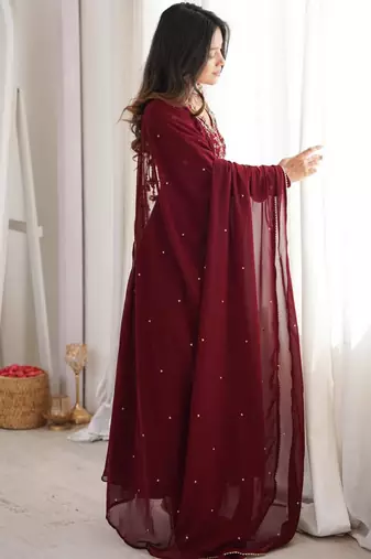 Maroon faux georgette hand embroidery gown set