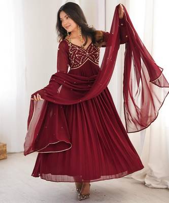 Maroon faux georgette hand embroidery gown set 1