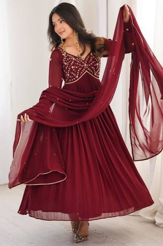 Maroon faux georgette hand embroidery gown set
