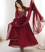 Maroon faux georgette hand embroidery gown set