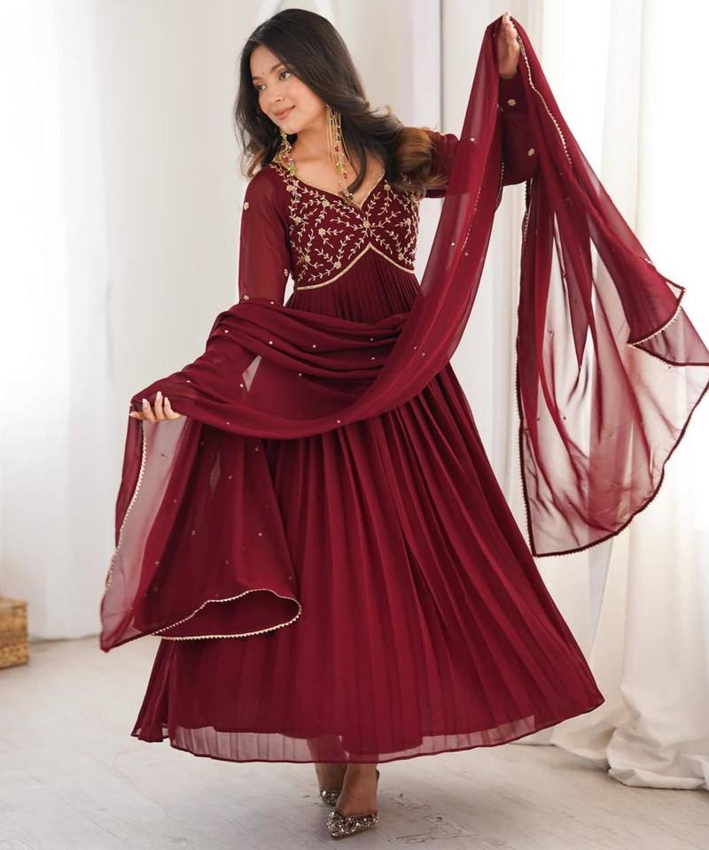 Maroon faux georgette hand embroidery gown set