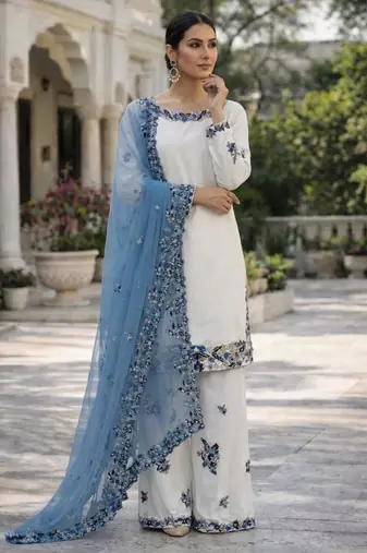 White rayon embroidered farshi palazzo set
