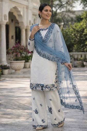 White rayon embroidered farshi palazzo set