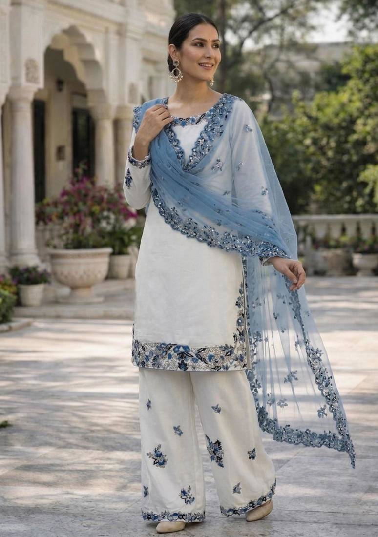 White rayon embroidered farshi palazzo set