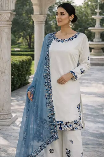White rayon embroidered farshi palazzo set