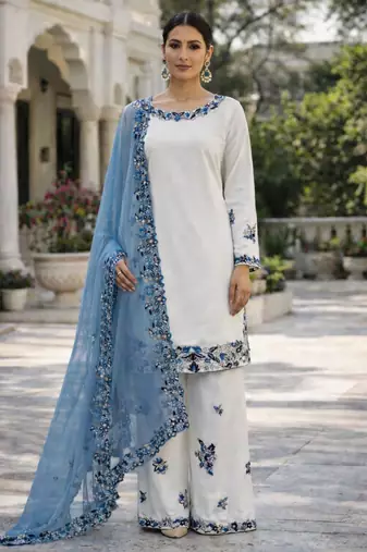 White rayon embroidered farshi palazzo set