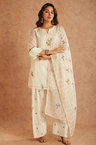 Off white cotton silk embroidered farshi salwar set