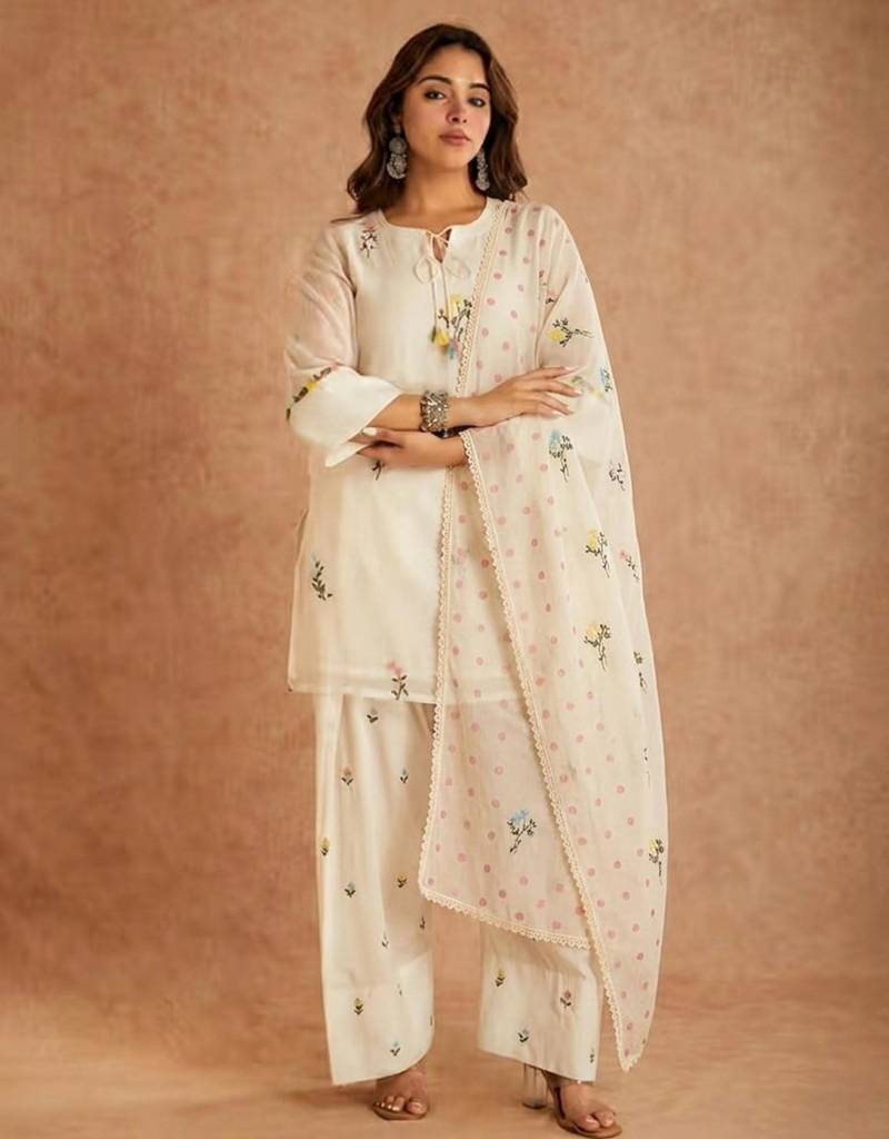 Off white cotton silk embroidered farshi salwar set