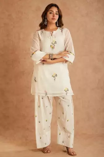 Off white cotton silk embroidered farshi salwar set