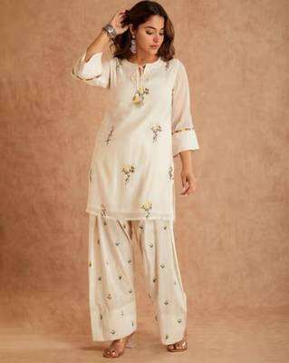 Off white cotton silk embroidered farshi salwar set 3