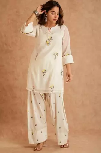 Off white cotton silk embroidered farshi salwar set
