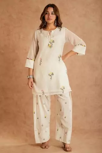 Off white cotton silk embroidered farshi salwar set
