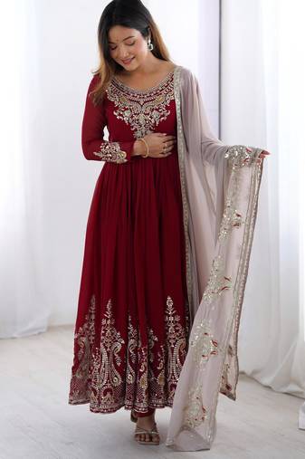 Maroon georgette embroidered gown full set