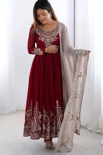 Maroon georgette embroidered gown full set