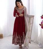 Maroon georgette embroidered gown full set