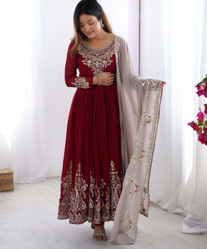 Maroon georgette embroidered gown full set