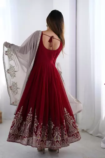 Maroon georgette embroidered gown full set