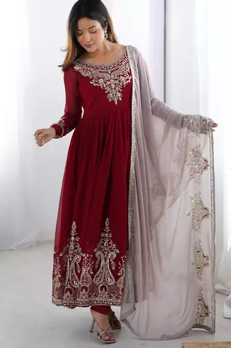 Maroon georgette embroidered gown full set