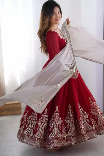 Maroon georgette embroidered gown full set