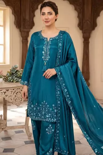 Teal silk blend embroidered farshi salwar set