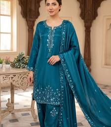 Teal silk blend embroidered farshi salwar set
