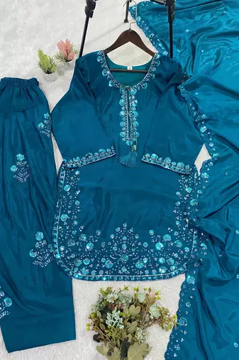 Teal silk blend embroidered farshi salwar set