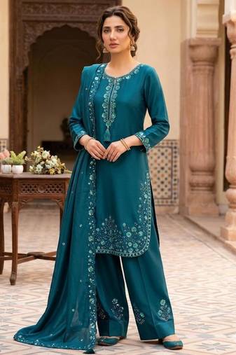 Teal silk blend embroidered farshi salwar set