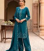 Teal silk blend embroidered farshi salwar set