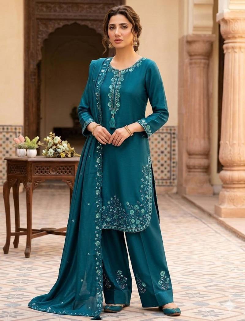 Teal silk blend embroidered farshi salwar set