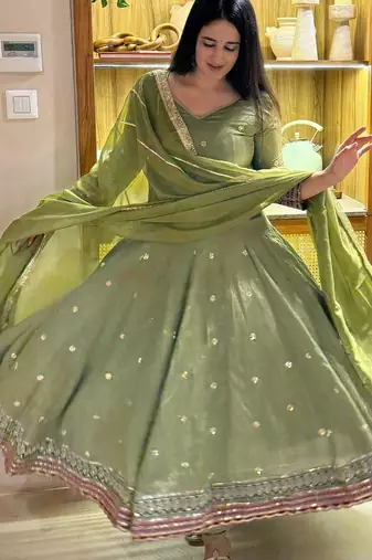 Green silk blend embroidered anarkali suit set